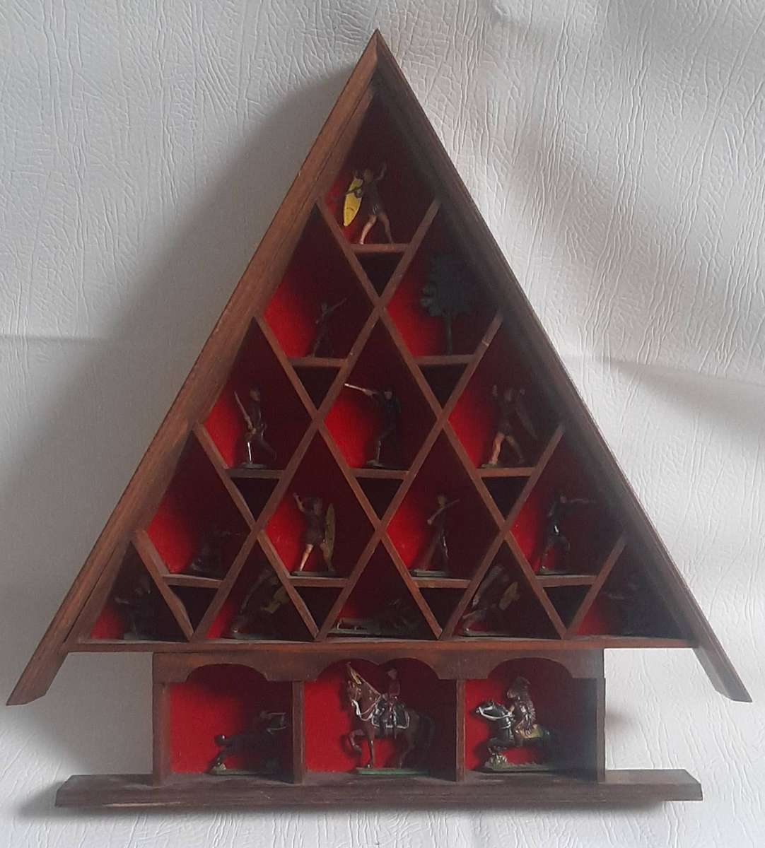 Vintage Lead Soldier Collection Triangular Wooden Display, 44cm x 43cm