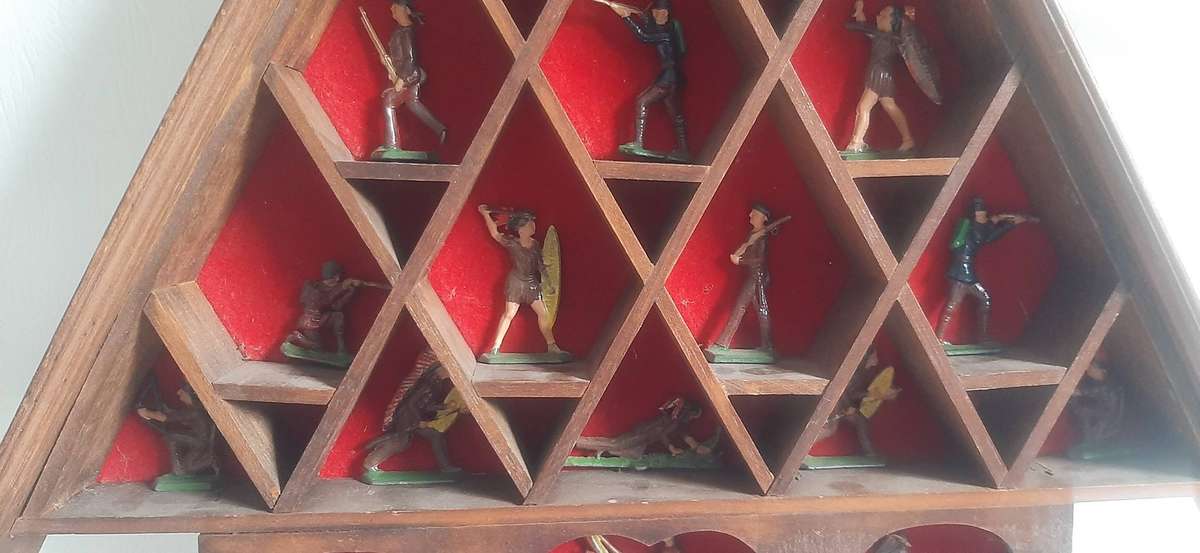 Vintage Lead Soldier Collection Triangular Wooden Display, 44cm x 43cm
