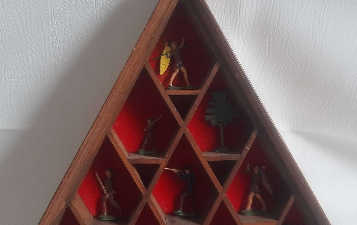 Vintage Lead Soldier Collection Triangular Wooden Display, 44cm x 43cm