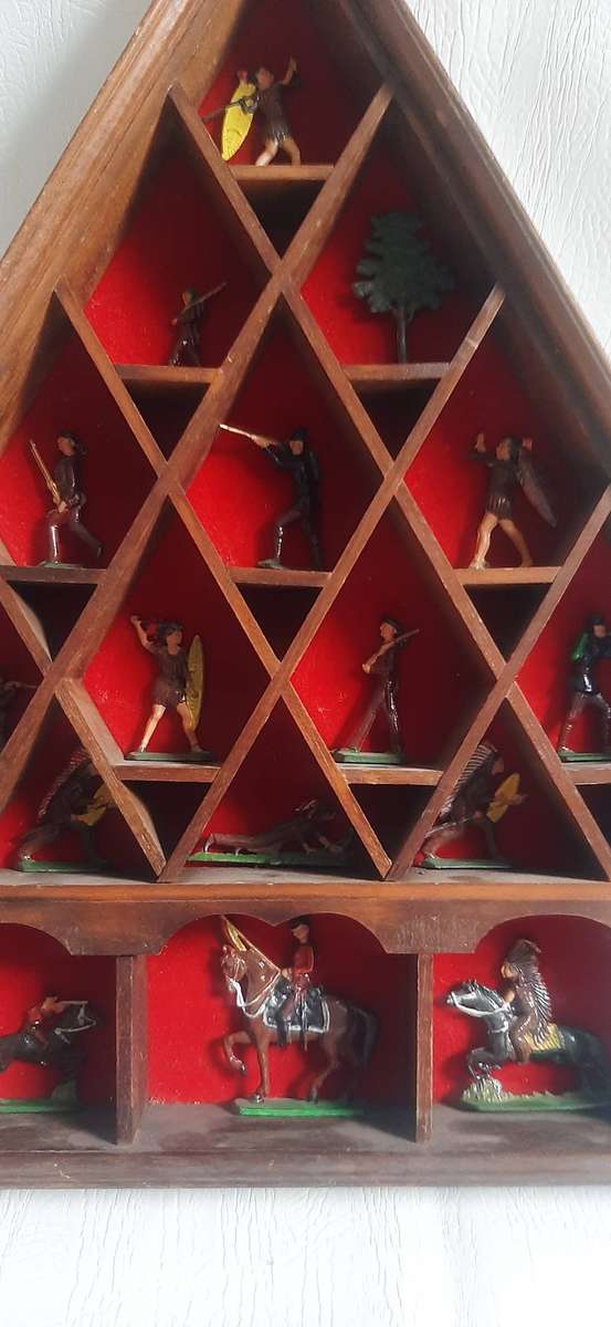 Vintage Lead Soldier Collection Triangular Wooden Display, 44cm x 43cm