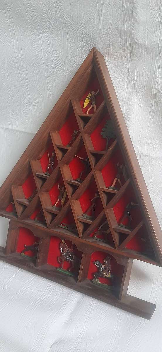 Vintage Lead Soldier Collection Triangular Wooden Display, 44cm x 43cm