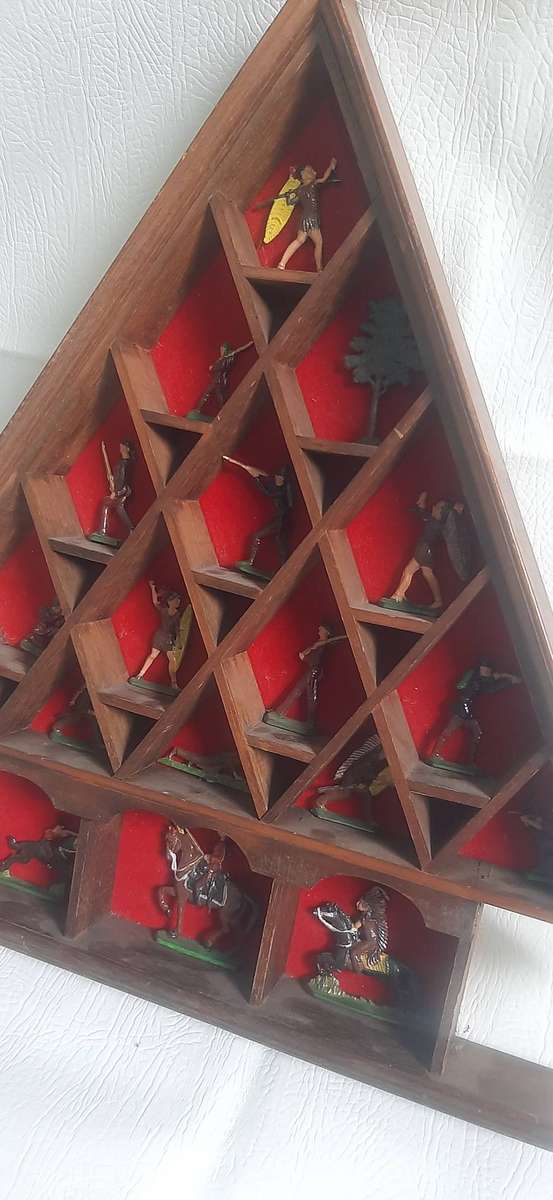 Vintage Lead Soldier Collection Triangular Wooden Display, 44cm x 43cm
