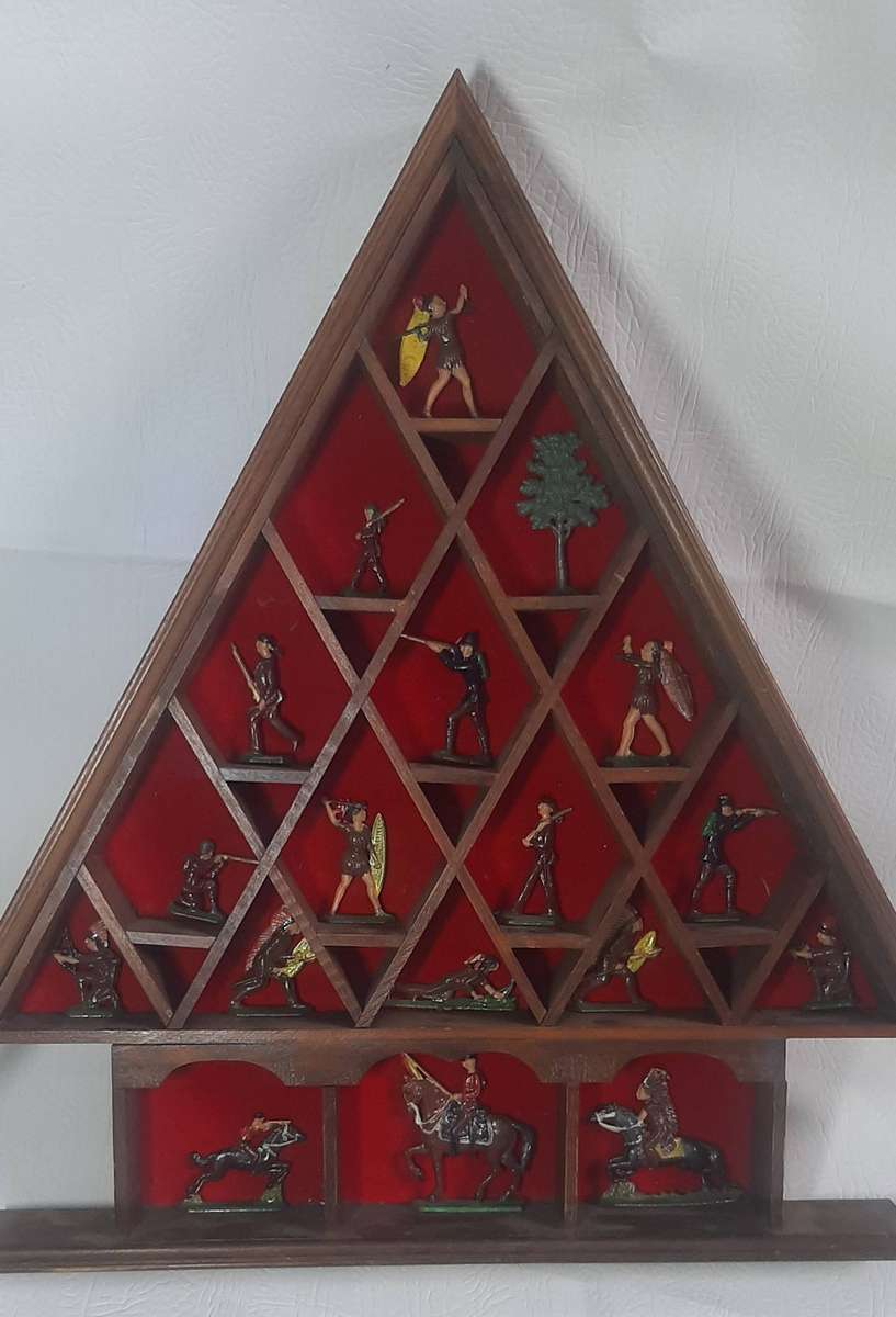 Vintage Lead Soldier Collection Triangular Wooden Display, 44cm x 43cm