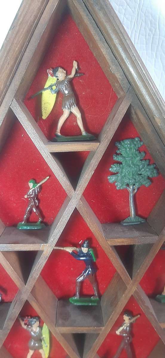 Vintage Lead Soldier Collection Triangular Wooden Display, 44cm x 43cm