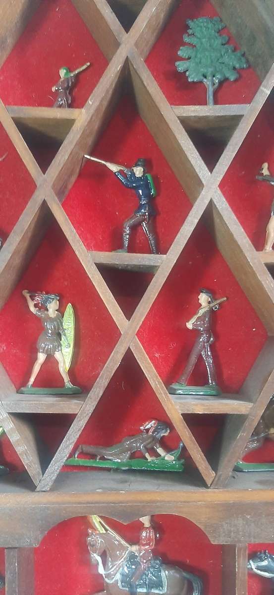 Vintage Lead Soldier Collection Triangular Wooden Display, 44cm x 43cm