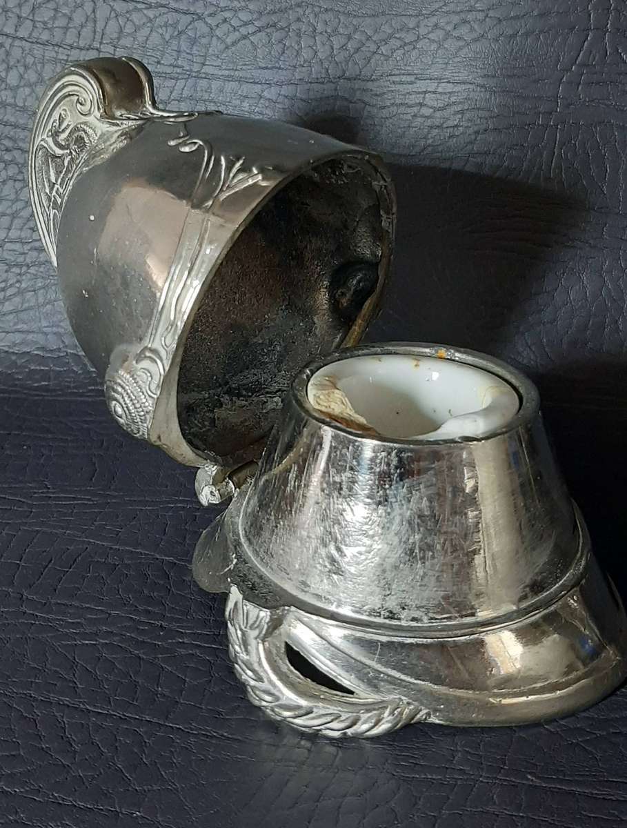 VINTAGE METAL HELMET INKWELL  CEREMONIAL STYLE WITH PORCELAIN INSERT