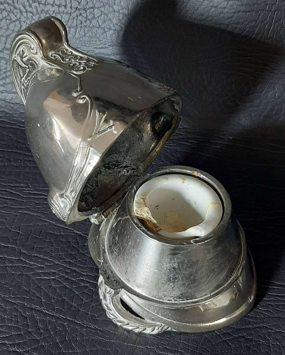 VINTAGE METAL HELMET INKWELL  CEREMONIAL STYLE WITH PORCELAIN INSERT