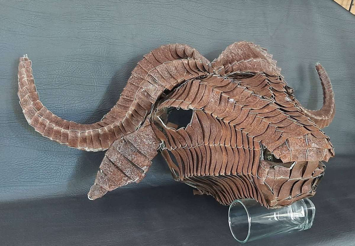 LARGE METAL WOVEN BUFFALO HEAD  WALL-MOUNTED SCULPTURAL STATEMENT