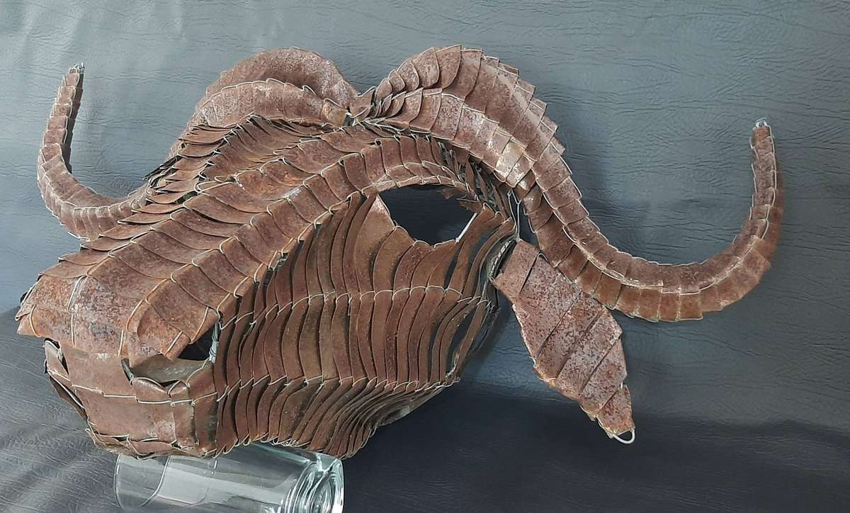 LARGE METAL WOVEN BUFFALO HEAD  WALL-MOUNTED SCULPTURAL STATEMENT