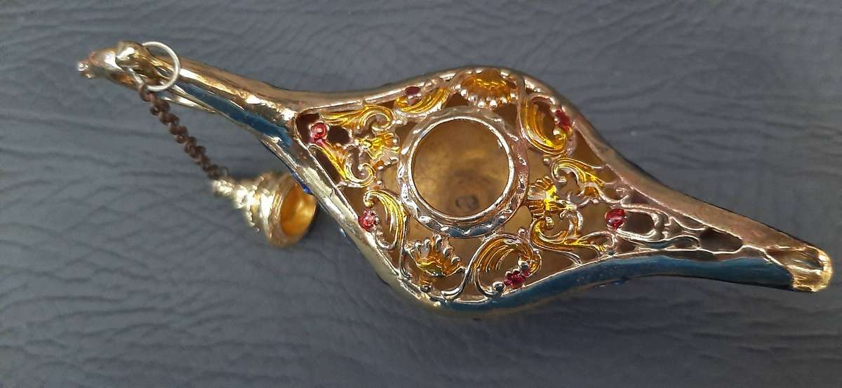 ORNATE BRASS ALLADIN'S LAMP  BLUE GILT & SEMI-PRECIOUS STONE INLAY