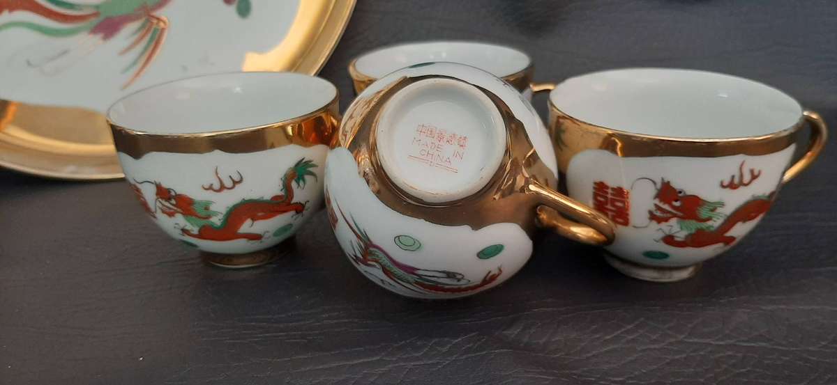 CEREMONIAL CHINESE DRAGON TEA SET  GOLD ACCENTS & SYMBOLIC POWER