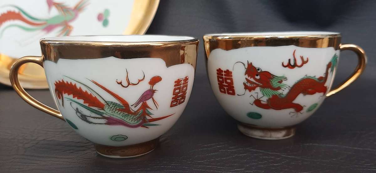 CEREMONIAL CHINESE DRAGON TEA SET  GOLD ACCENTS & SYMBOLIC POWER