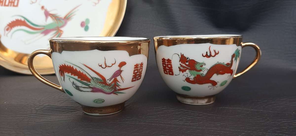 CEREMONIAL CHINESE DRAGON TEA SET  GOLD ACCENTS & SYMBOLIC POWER