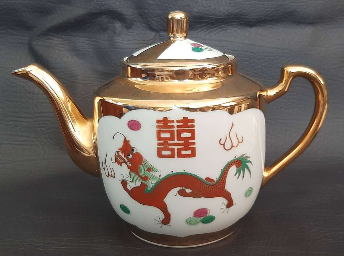 CEREMONIAL CHINESE DRAGON TEA SET  GOLD ACCENTS & SYMBOLIC POWER