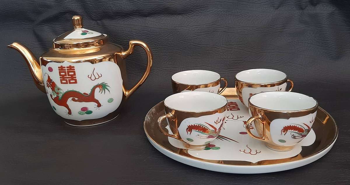 CEREMONIAL CHINESE DRAGON TEA SET  GOLD ACCENTS & SYMBOLIC POWER