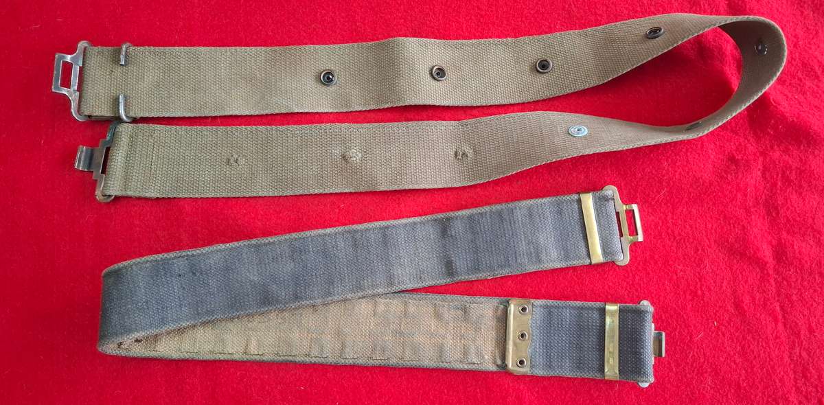 RHODESIAN ARMY - 2 X WEB BELTS AS USED EX RLI SOLDIER -  BOTH  INSCRIBED - SIZES BELOW      (8740)