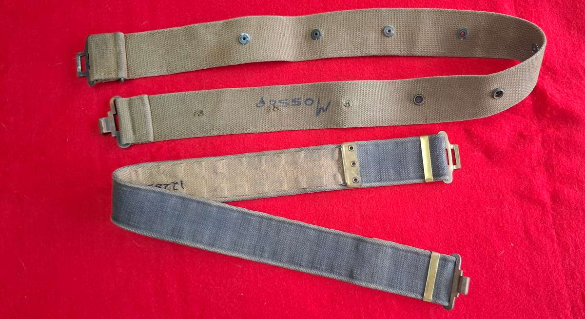 RHODESIAN ARMY - 2 X WEB BELTS AS USED EX RLI SOLDIER -  BOTH  INSCRIBED - SIZES BELOW      (8740)