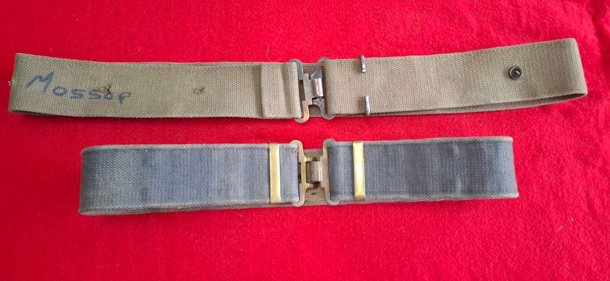 RHODESIAN ARMY - 2 X WEB BELTS AS USED EX RLI SOLDIER -  BOTH  INSCRIBED - SIZES BELOW      (8740)