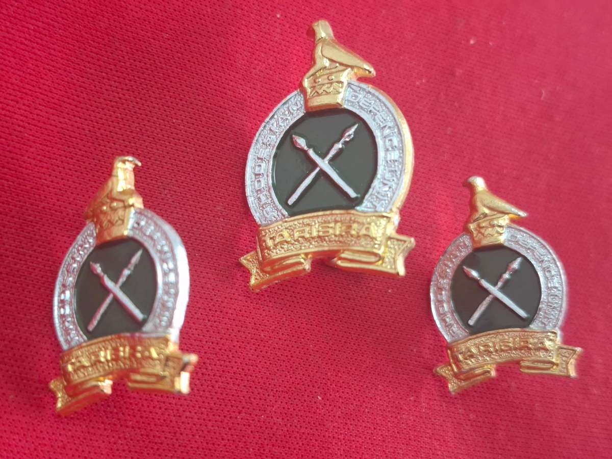 RHODESIAN DEFENCE UNIT - ANODISED CAP + FACING PAIR COLLAR BADGES -        (122)