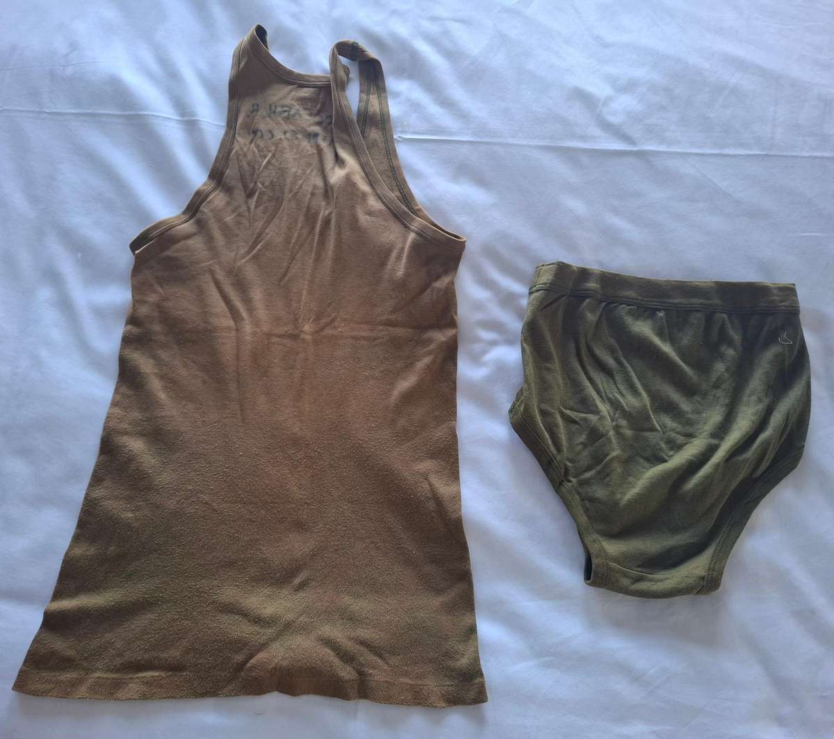 RHODESIAN ARMY  - PAIR OF UNDERPANTS + PT VEST - MADE MERIDIAN 81CM.  - INSCRIBED  (110)