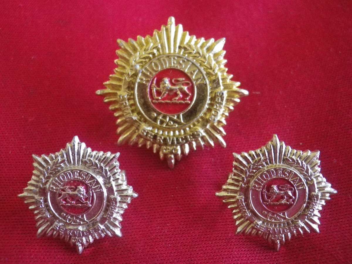 RHODESIAN ARMY SERVICES CORPS - ANODISED BERET + FACING PAIR COLLAR BADGES         (8719)