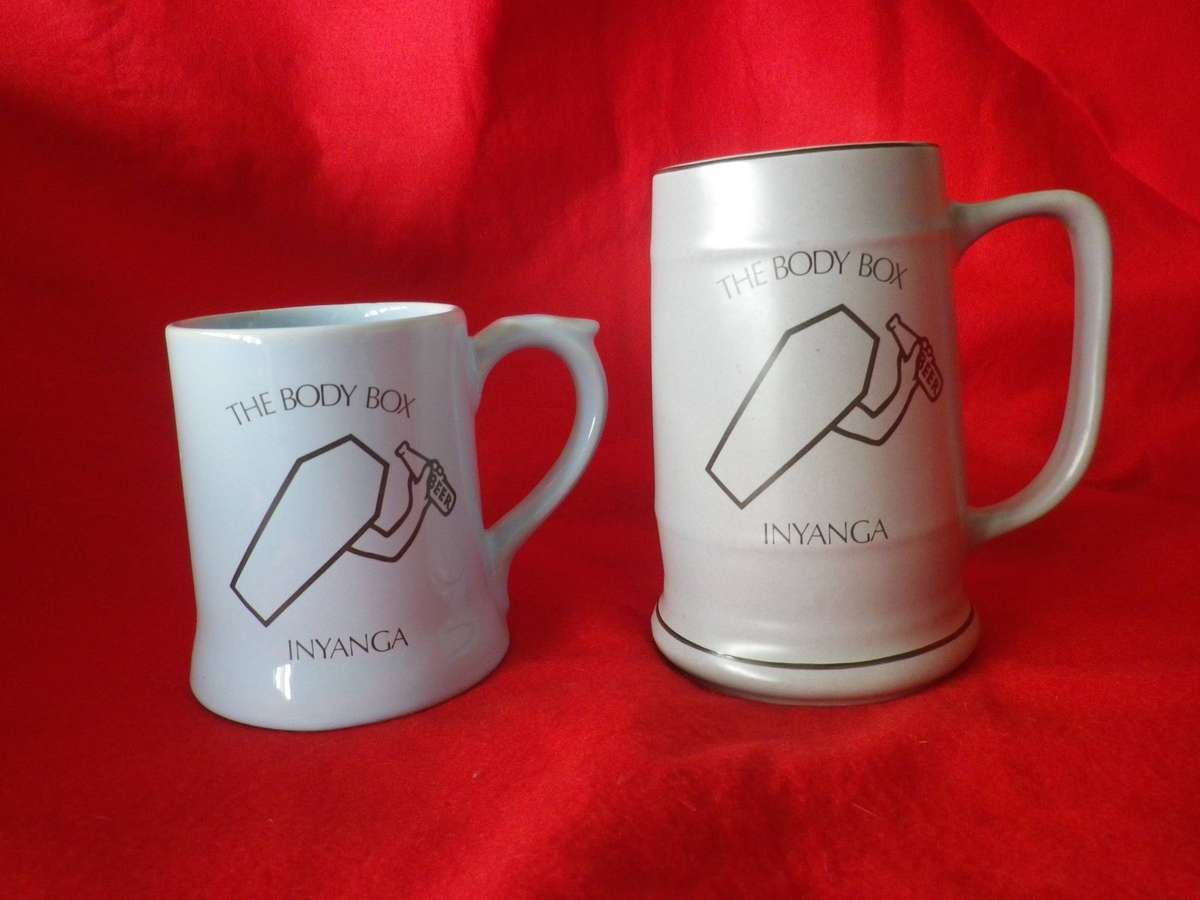 RHODESIAN BEER MUGS - "THE BODY BOX, INYANGA"     (352)