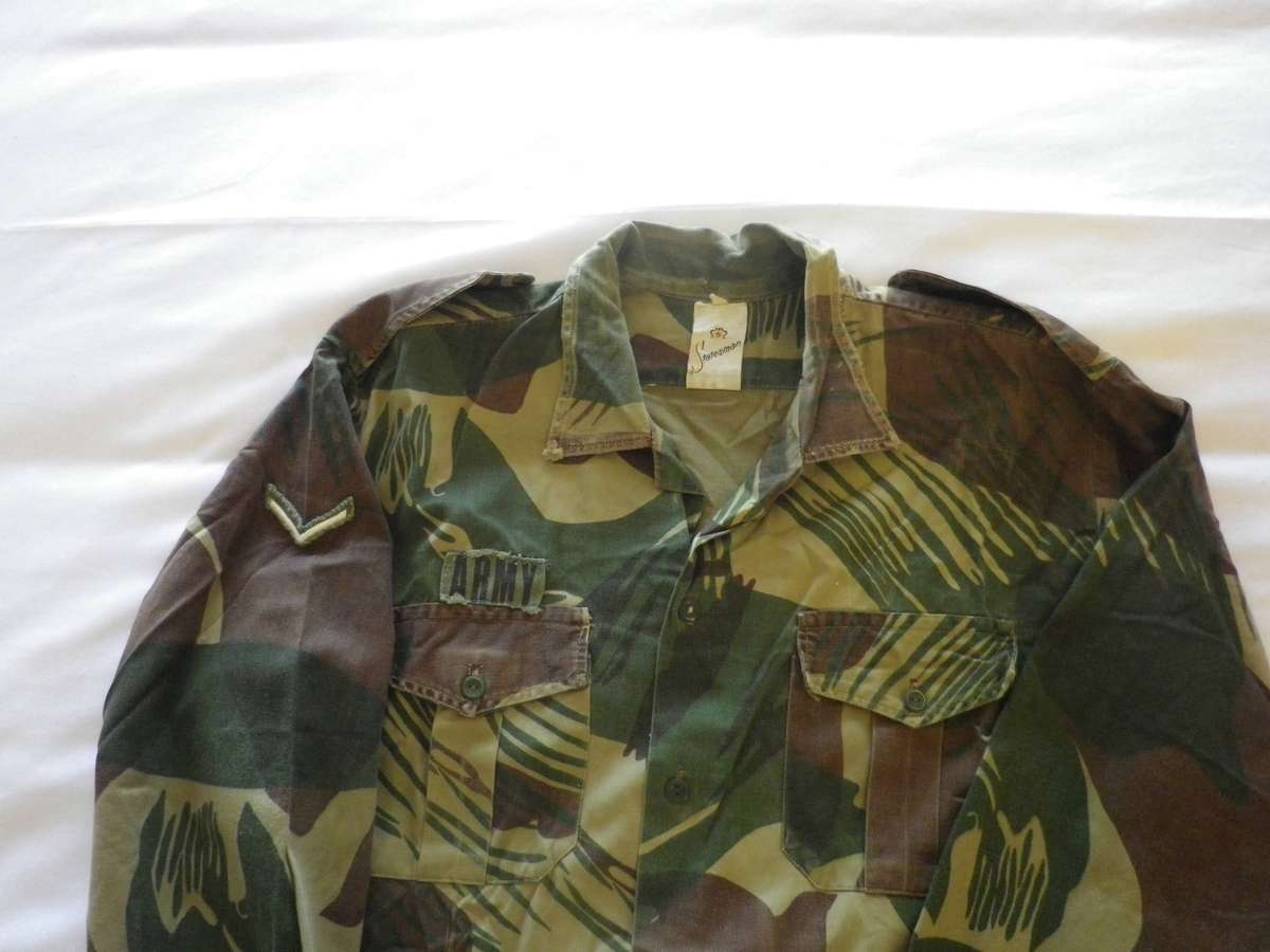 RHODESIAN ARMY L/CPL.  LONG SLEEVE CAMMO SHIRT - TAILORED -  MADE STATESMAN- SIZE 46   (254)