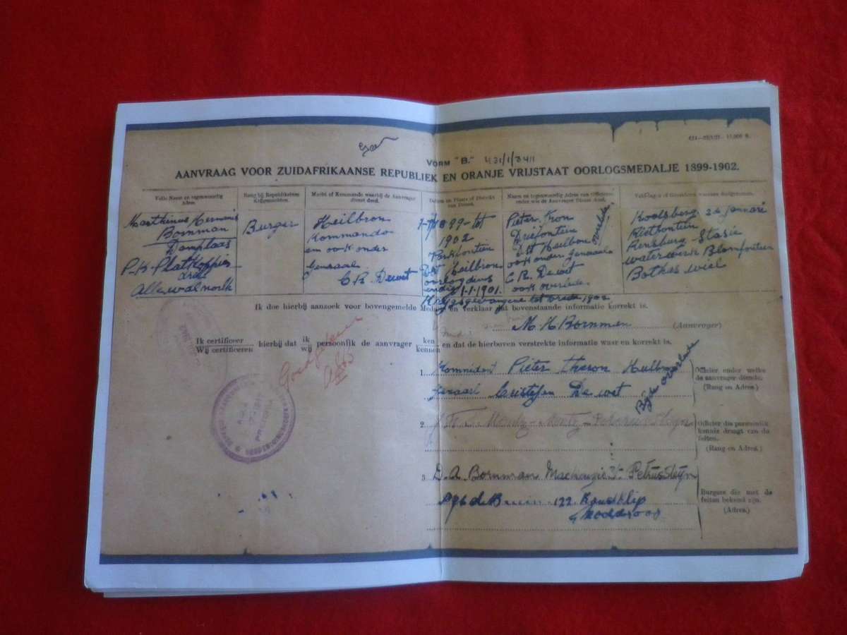 SA BOER WAR - ABO MEDAL TO BURGER M.H. BORNMAN WITH RESEARCH DOCUMENTATION    (4010)