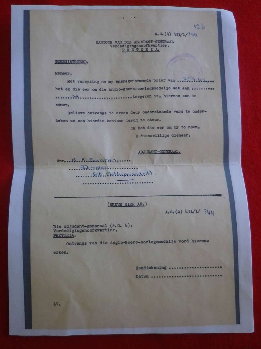 SA BOER WAR - ABO MEDAL TO BURGER M.H. BORNMAN WITH RESEARCH DOCUMENTATION    (4010)