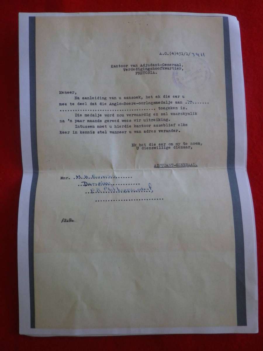 SA BOER WAR - ABO MEDAL TO BURGER M.H. BORNMAN WITH RESEARCH DOCUMENTATION    (4010)