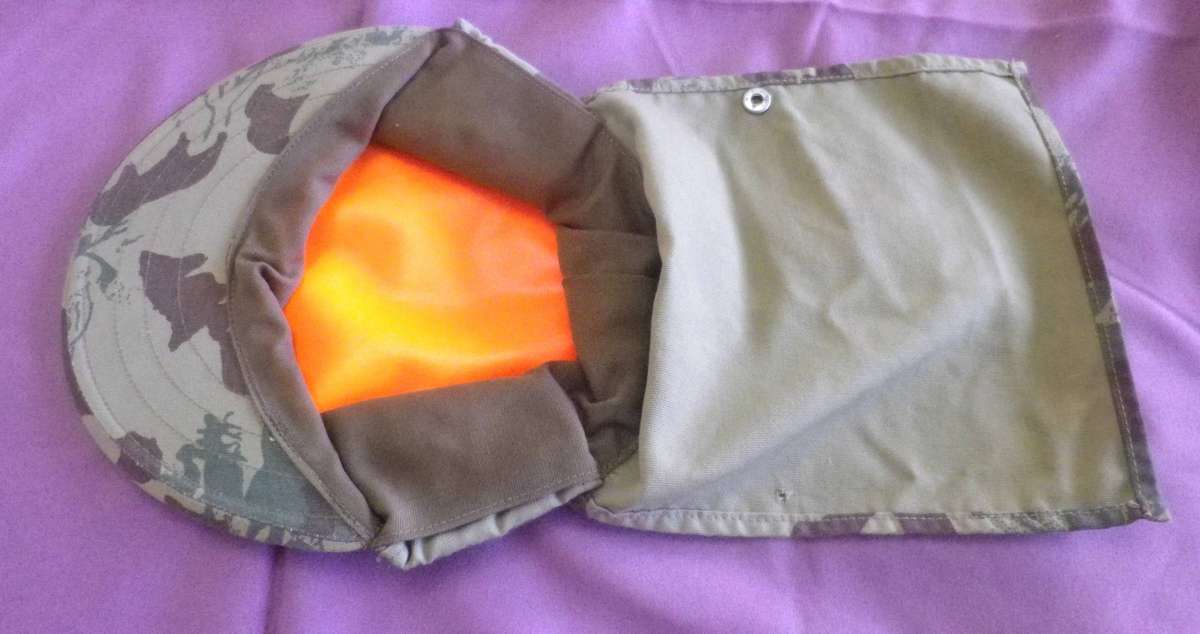 SAP / SWAPOL 2ND PATT. CAMMO CAP + FLAPS +  DAYGLO LINING - 1 STUD MISSING  RIM 55cm/21.5"  (456)