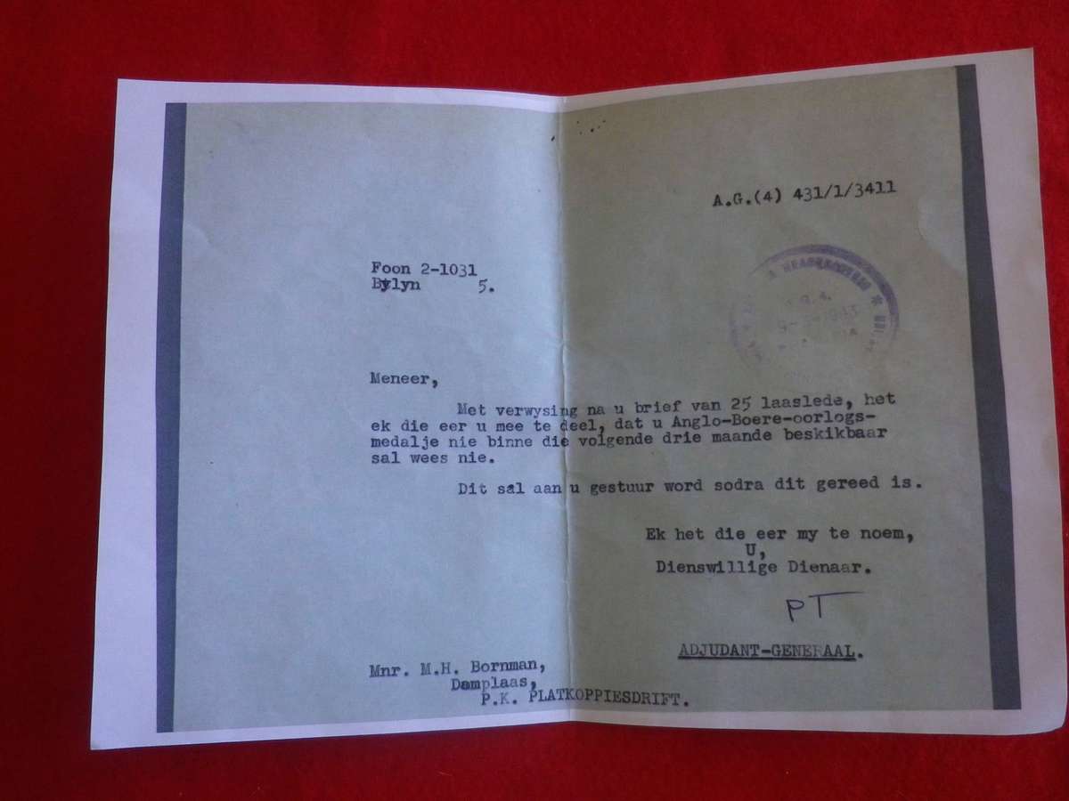 SA BOER WAR - ABO MEDAL TO BURGER M.H. BORNMAN WITH RESEARCH DOCUMENTATION    (4010)