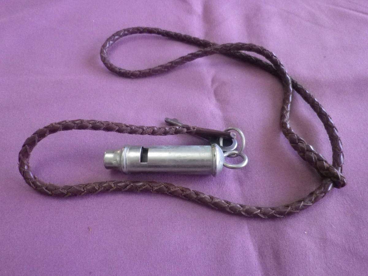 SAP  BROWN LEATHER ISSUE PLAID LANYARD + WHISTLE (STAMPED SAP) + HANDCUFF KEY  (462)