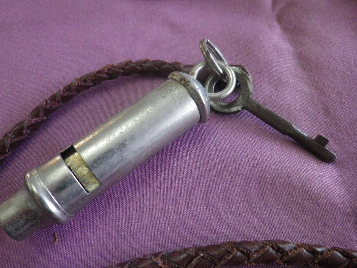 SAP  BROWN LEATHER ISSUE PLAID LANYARD + WHISTLE (STAMPED SAP) + HANDCUFF KEY  (462)