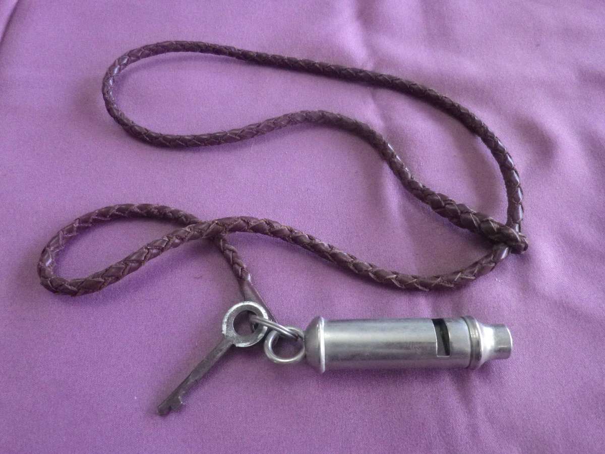 SAP  BROWN LEATHER ISSUE PLAID LANYARD + WHISTLE (STAMPED SAP) + HANDCUFF KEY  (462)