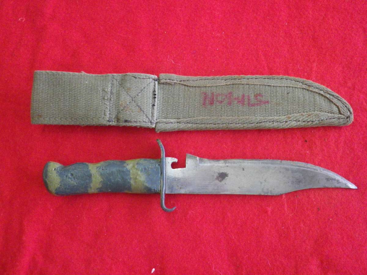 RHODESIAN MADE BUSH WAR PERIOD BUSH KNIFE + SHEATH (INSCRIBED) - BY TILITER - RARE SEE BELOW   (277)