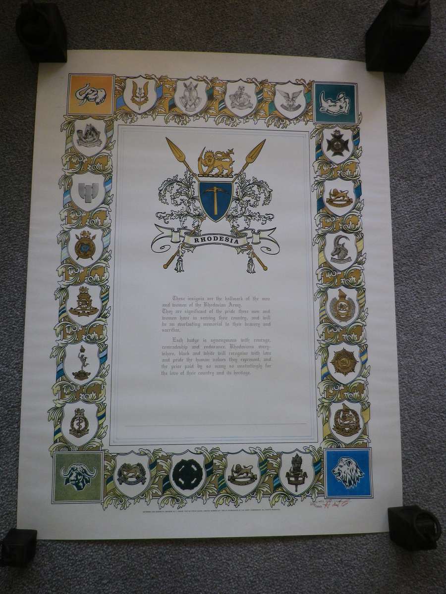 RHODESIAN ARMY - UNITS + BRIGADES ORIGINAL SIGNED POSTER  - NO 375/1000  - BY WO2 CROUS  (8956)
