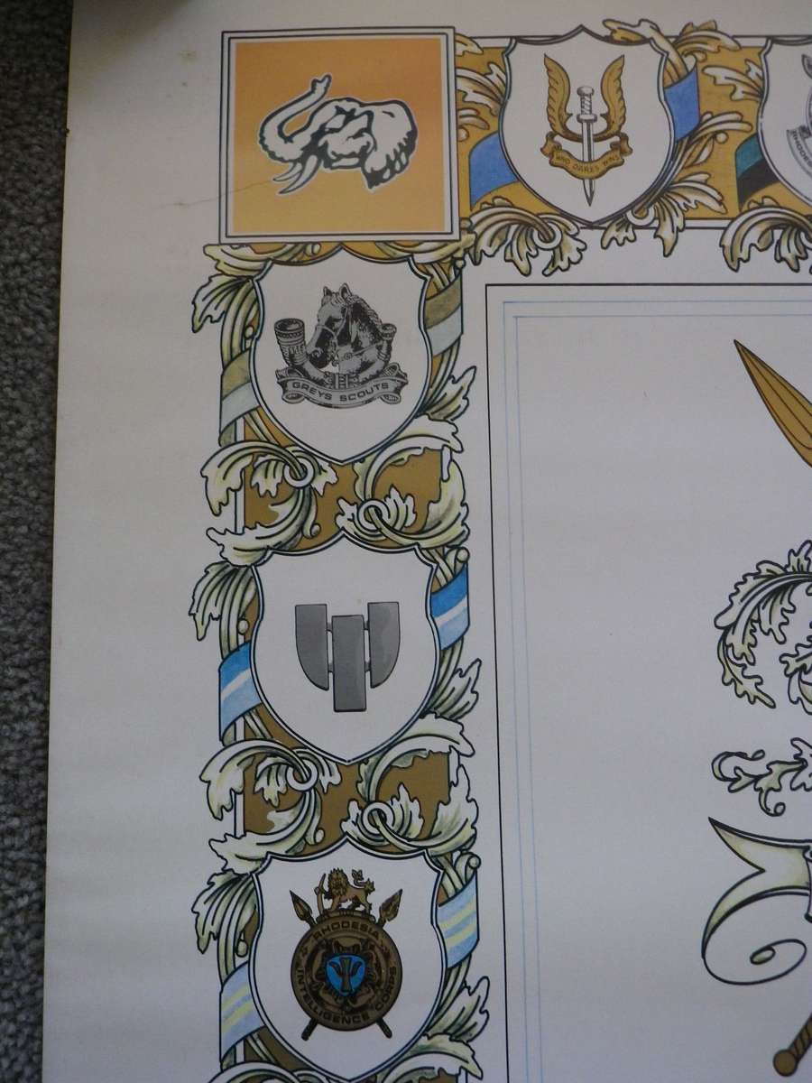 RHODESIAN ARMY - UNITS + BRIGADES ORIGINAL SIGNED POSTER  - NO 375/1000  - BY WO2 CROUS  (8956)