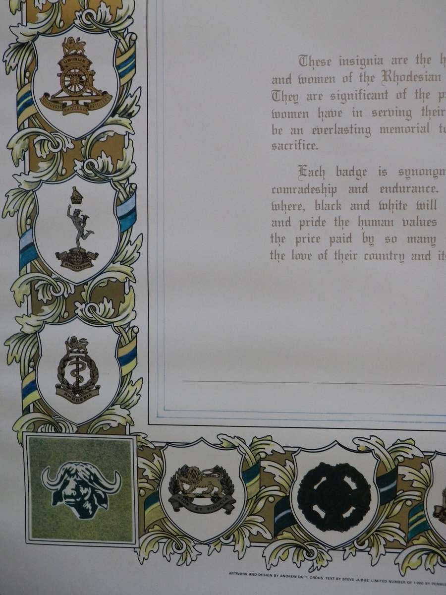 RHODESIAN ARMY - UNITS + BRIGADES ORIGINAL SIGNED POSTER  - NO 375/1000  - BY WO2 CROUS  (8956)