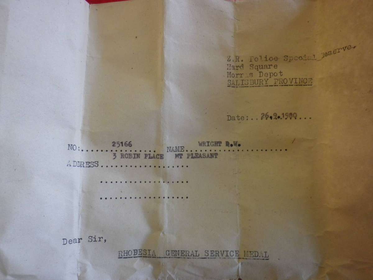 RHODESIAN FULL SIZE GENERAL SERVICE MEDAL (RhGSM) + Z.I.M TO 25166 S/R D.W.WRIGHT -UNRESEARCHED (222