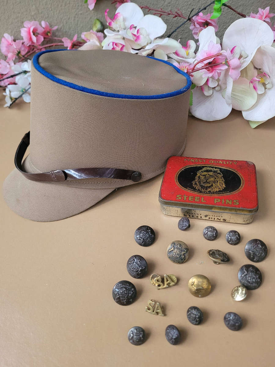 Old SAP/Navy Collectable Lot-As Pictured, Buttons/Cap//Tin/Earrings.