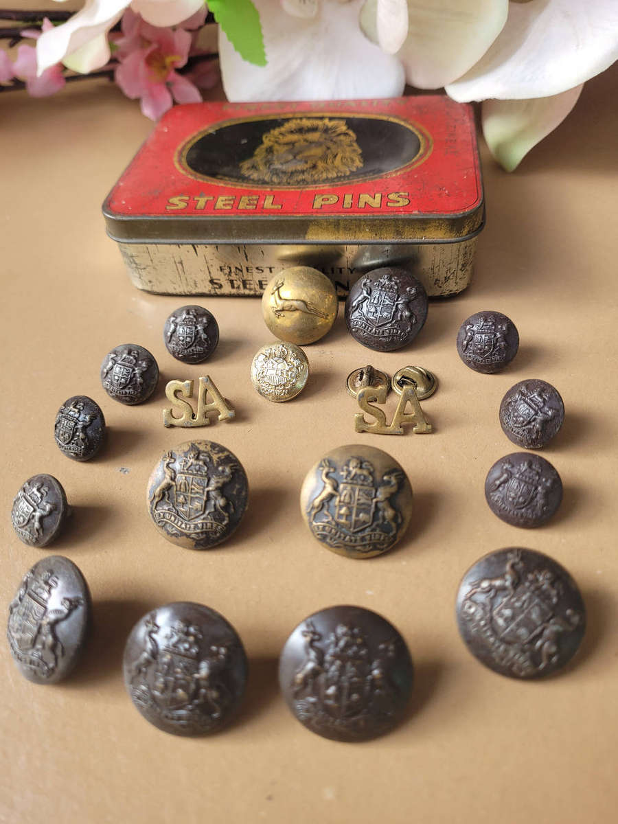 Old SAP/Navy Collectable Lot-As Pictured, Buttons/Cap//Tin/Earrings.