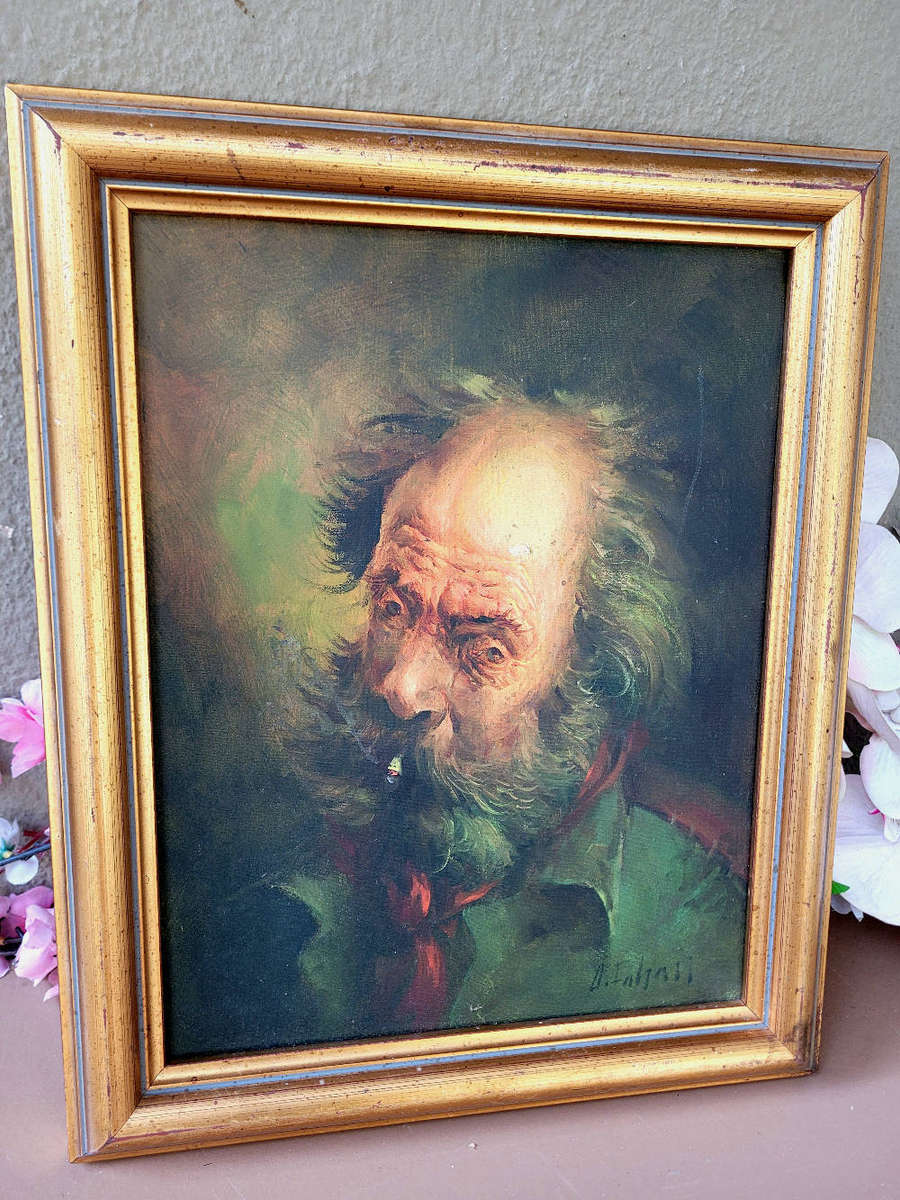 Signed Oil-On-Canvas Portrait (34 x 26)Cm. Depicts An Old Homeless Man