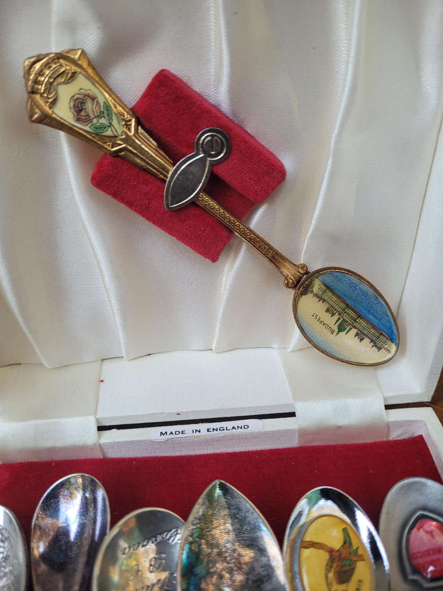 Various Souvenir  Decorative Spoons In A Velvet-Line Box (As Pictured)
