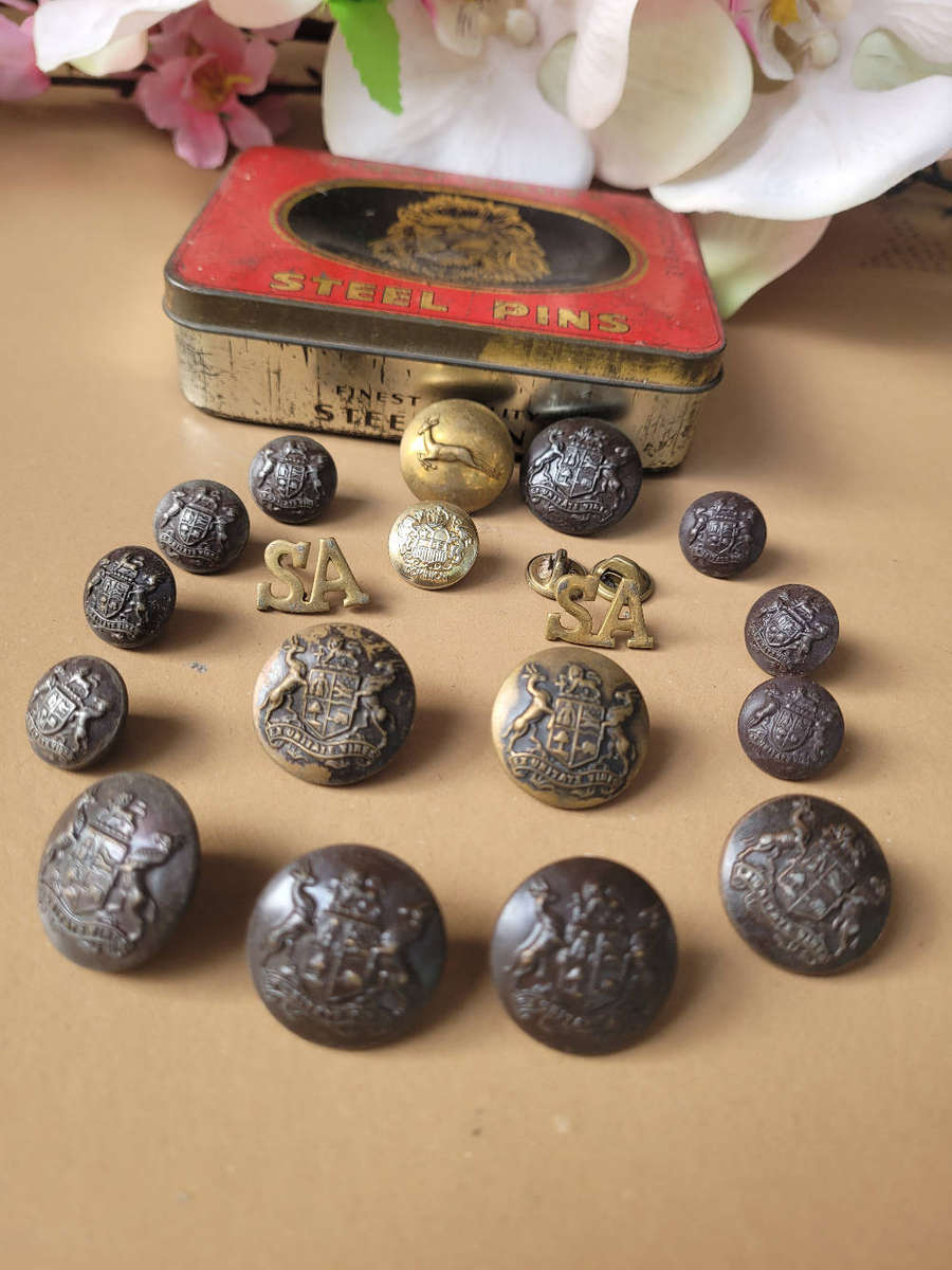 Old SAP/Navy Collectable Lot-As Pictured, Buttons/Cap//Tin/Earrings.