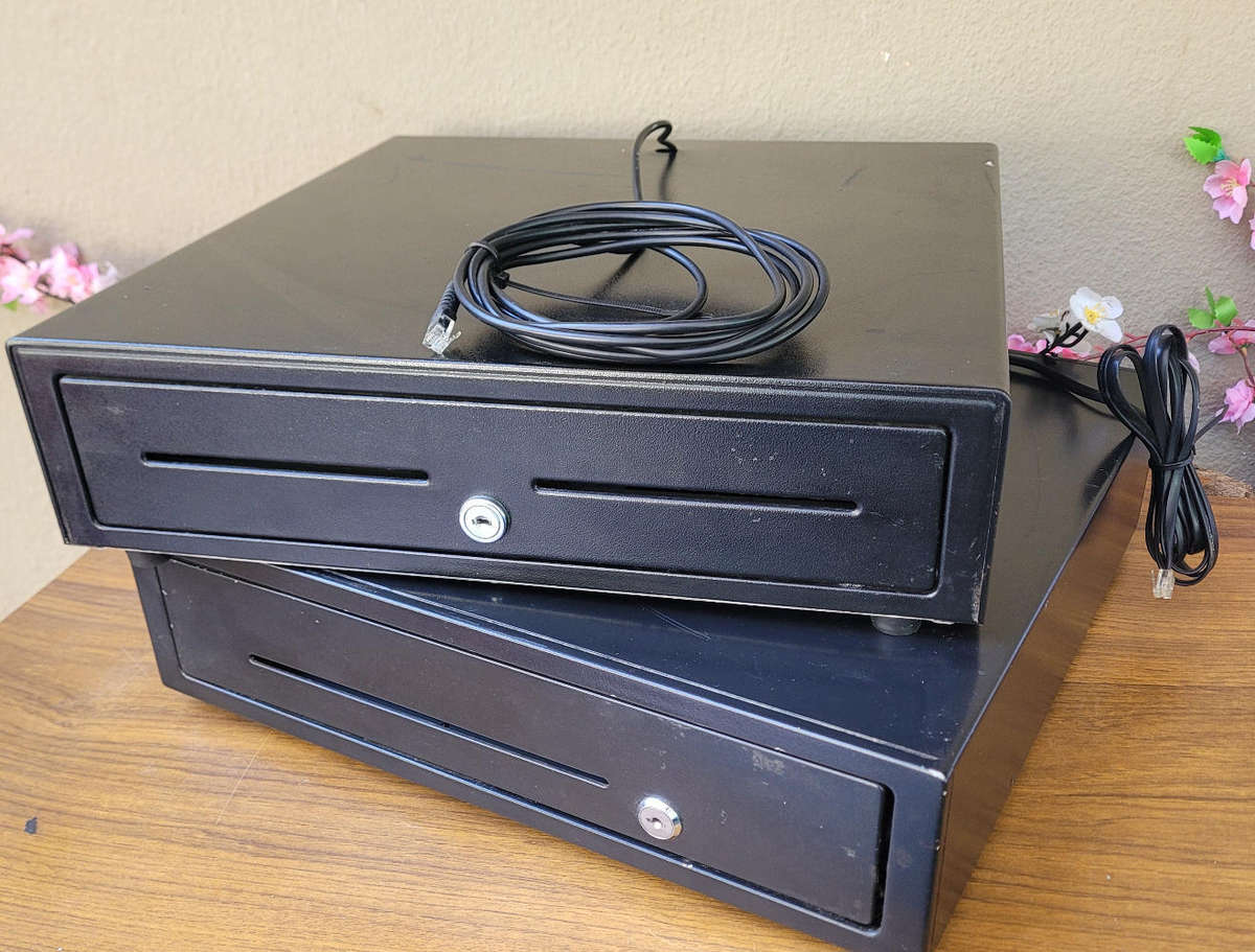 POS Cash Drawers. COM Cables Still Attached. Both Locked-No Keys.  (Bid Per Drawer-To Take Both)
