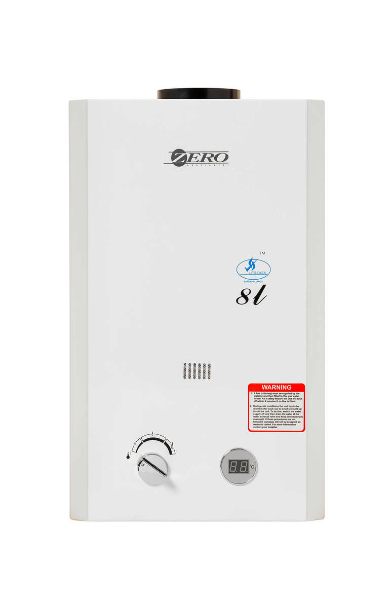 Zero 8L Low Pressure Gas Geyser And Flue (White)