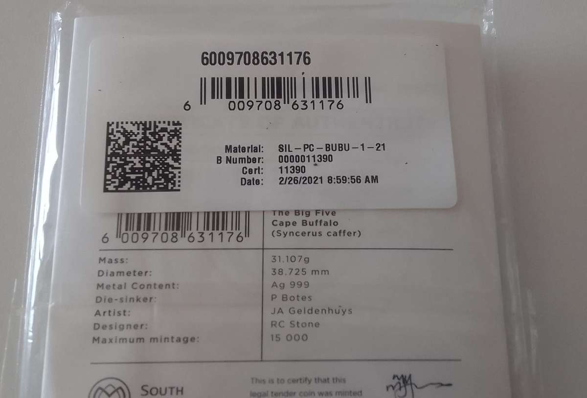 2021 SILVER  BIG 5 CAPE BUFFALO 1OZ SILVER COIN - SERIES I - WITH CERT -  SEALED - BARGAIN BUY