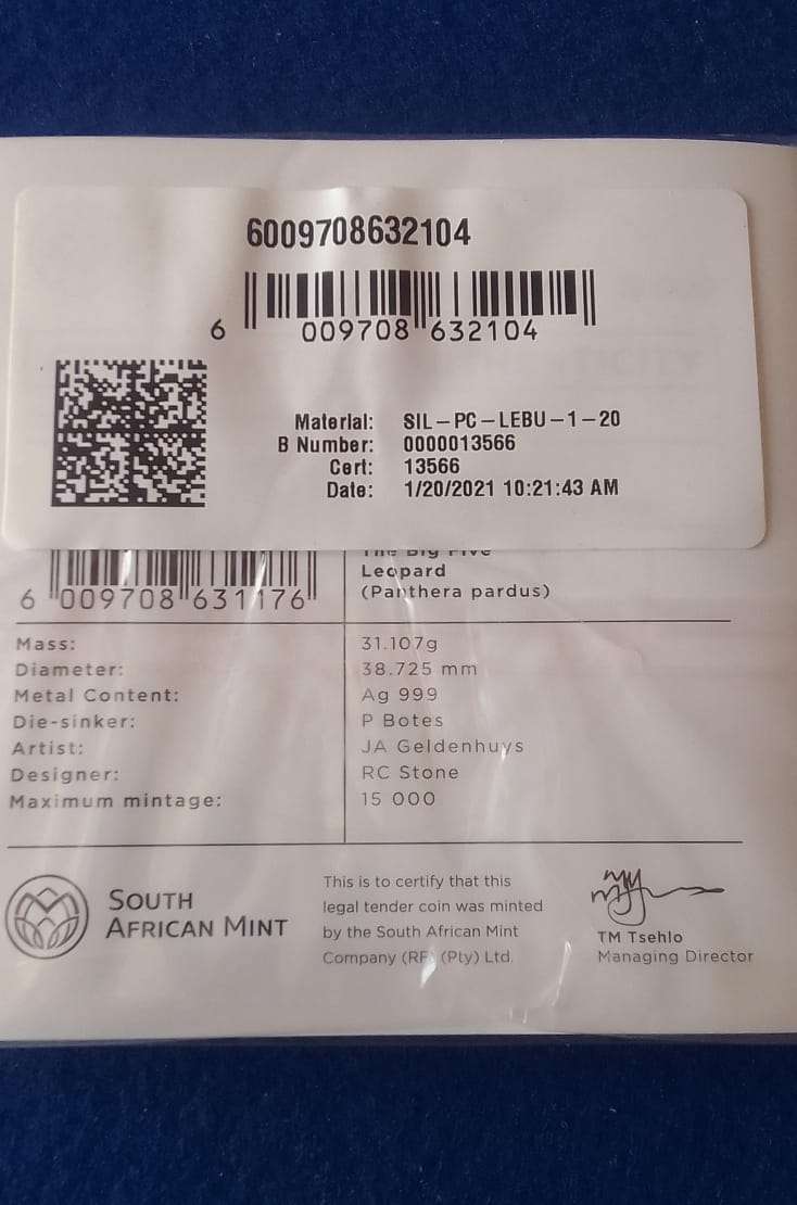 SILVER SPECIAL - LOW START!  2020 BIG FIVE LEOPARD COIN - IN SEAL BLISTER PACK -