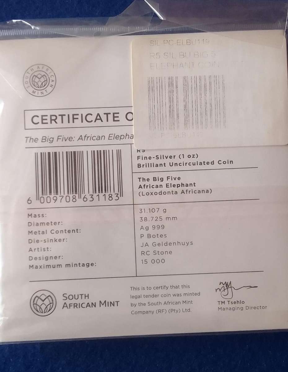 SILVER SPECIAL - LOW START!  2019 BIG FIVE ELEPHANT COIN - IN SEAL BLISTER PACK -